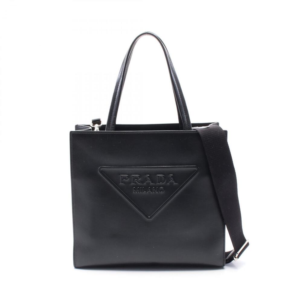 Prada SOFT CALF Triangle Logo Tote Bag Leather Black